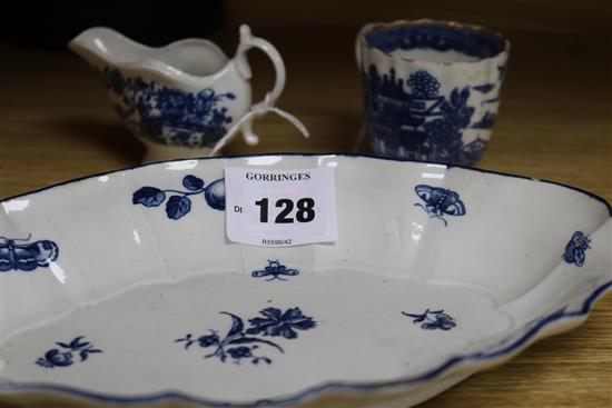 A Worcester blue and white dish, a small sauceboat and a coffee cup